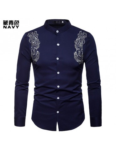 Men's Totem Embroidery Vintage Court Style Business Stand Collar Slim Fit Long Sleeve Shirt