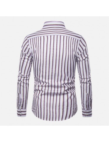 Mens Business Contrast Color Stripes Long Sleeve Shape Cotton Shirts