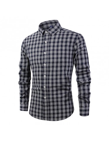 Mens Casual Business Plaid Single Breasted Long Sleeve Washed Shirt