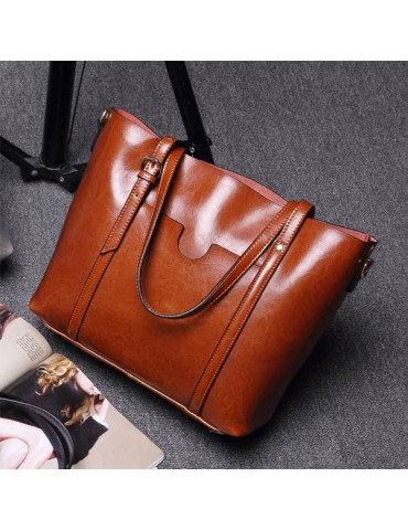 Women Oil Leather Tote Handbags Casual Front Pockets Crossbody Bags Shoulder Bags