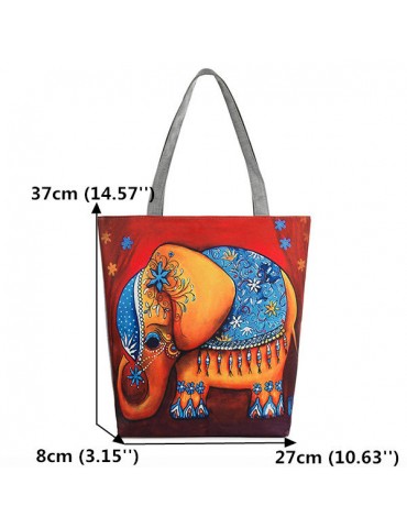 Women Canvas Elephant Print Shoulder Bag Casual Tote Bag