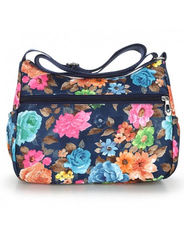 Women Waterproof Nylon Pint Flower Shoulder Bag Multi-Zipper Pocket Crossbody Bag