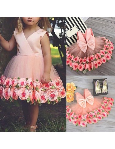 Flower Girls Dresses Kids Backless Bow-Knot Princess Dress For 3-13Y