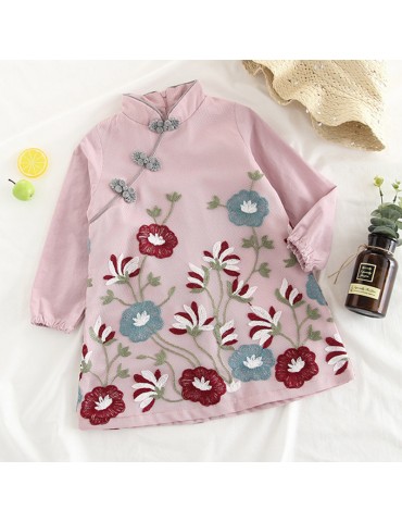 Vintage Chinese Style Girls Flower Embroidery Dress For 2-9Y