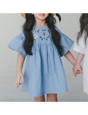 Flower Embroidered Girls Short Sleeve Vintage Dress For 4Y-15Y