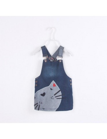 Cat Printed Toddler Girl Cute Denim Straps Suspender Dresses For 2Y-9Y