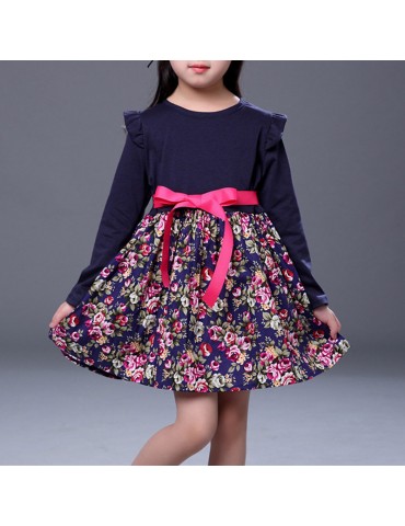 Flower Girls Dresses Long Sleeve Ruffles Patchwork Dress For 2Y-9Y