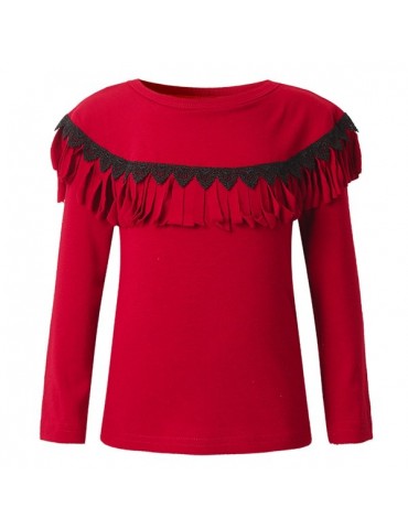 Baby Children Girl Tassels Two Layered Lacr-up O-neck Long Sleeve T-shirt