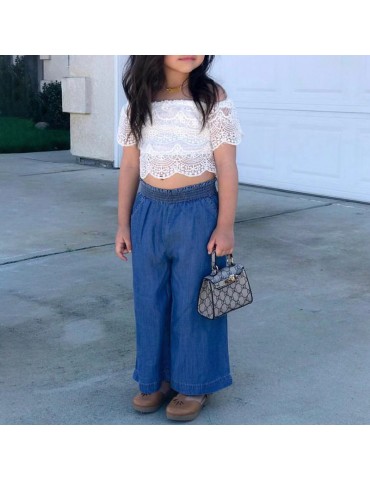 Girls Sets Off Shoulder Lace Tops + Denim Pants For 2-9 Years