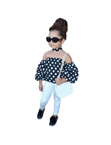 2pcs Dot Printed Girls Clothing Set Top + Long Pants For 1Y-7Y