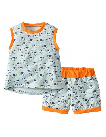 Elephant Print Toddler Girls Clothing Set Tops Vest + Shorts Outfits Clothes For 1Y-7Y