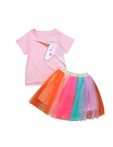 Cute Animal Toddler Girls Top T-shirt + Colorful Lace Tutu Skirt Kids Outfits Set For 2Y-9Y