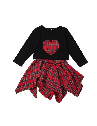 Grid Print Girls Long Sleeve Tops + Irregular Skirt Set For 1Y-7Y