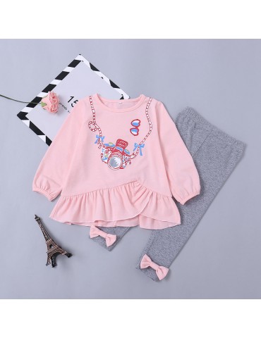 2Pcs Cartoon Print Girls Casual Set T-Shirt + Long Pants For 1Y-9Y