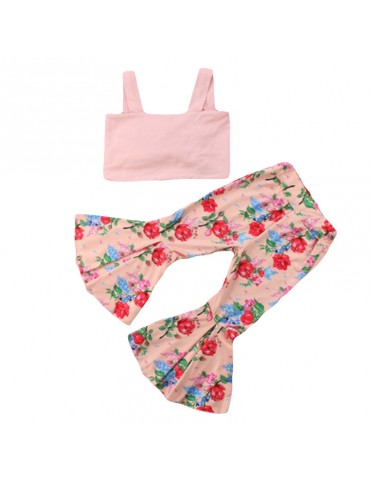 Floral Print Girls Sleeveless Top Flare Pants Sets For 1-7Years