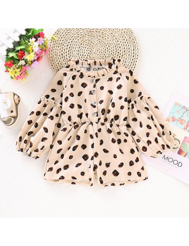 Casual Printed Girls Long Sleeve Button Rompers For 2Y-9Y