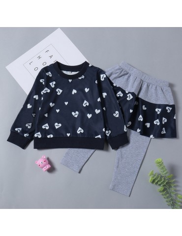 2Pcs Heart Print Girls Casual Set Tops + Skirt Pants For 1Y-9Y