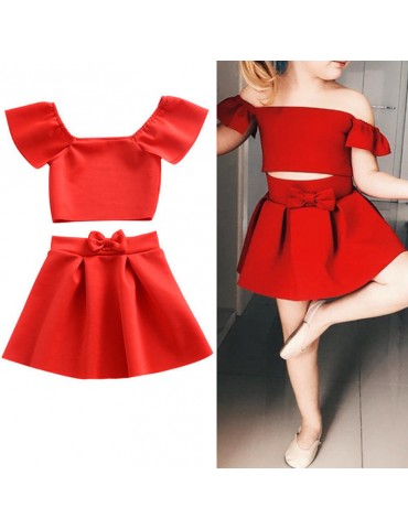 2Pcs Red Off Shoulder Girls Summer Skirt Set For 1Y-5Y