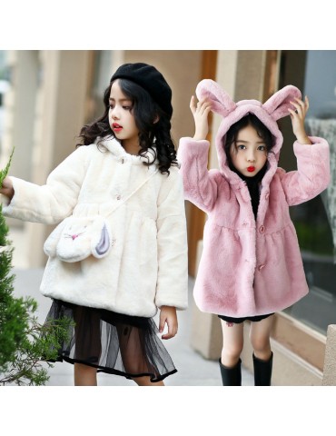 2Pcs Cute Ears Fleece Girls Kids Hooded Coats + Crossbody Bag For 2Y-11Y