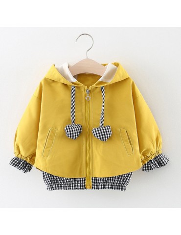 Cute Girls Heart Patchwork Zipper Hooded Jackets Coat For 4Y-15Y