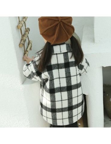 Plaid Print Girls Turn-Down Collar Woolen Jackets Coat For 1Y-9Y