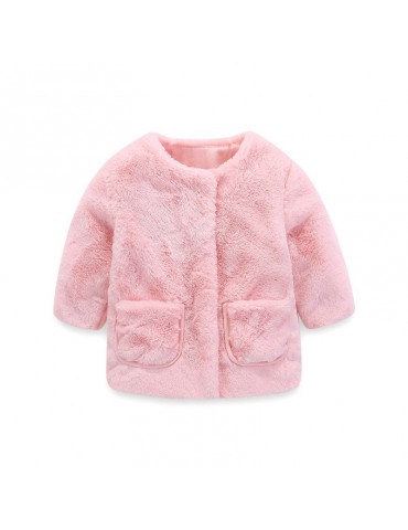 Pure Color Fleece Girls Crew Neck Autumn Winter Coats For 2Y-9Y