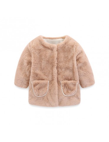 Pure Color Fleece Girls Crew Neck Autumn Winter Coats For 2Y-9Y