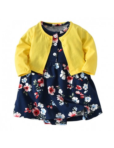 2pcs Floral Baby Girls Romper Dresses with Coat Clothing Set For 0-36M