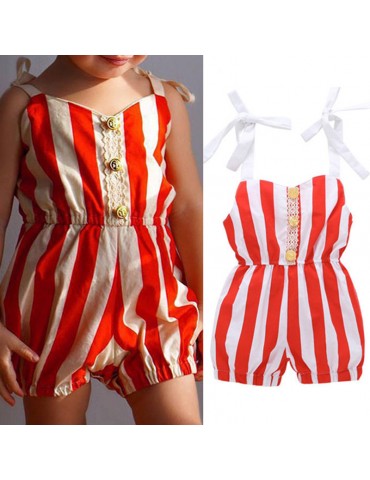 Red Stripe Baby Girls Strap Sleeveless Jumpsuit For 0-24 Months