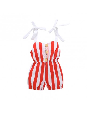 Red Stripe Baby Girls Strap Sleeveless Jumpsuit For 0-24 Months