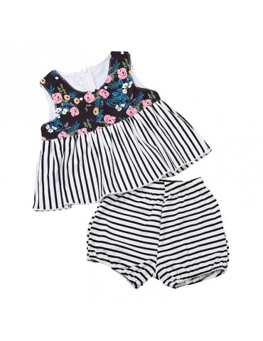 2pcs Flower Striped Printed Girls Summer Short Clothing Set For 6-48M