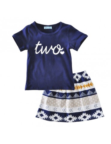 2PCS Printed Toddler Girls Short Top + Skirt Set For 1Y-6Y