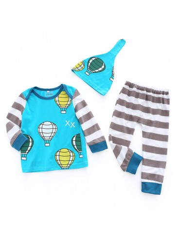 3Pcs Casual Print Baby Top Striped Pants Hat Set For 0-2Years