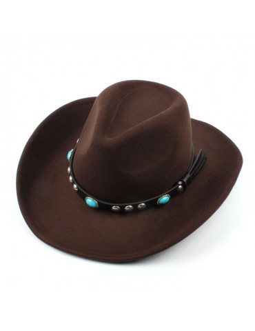 Mens Women Woolen Western Cowboy Hat Vintage Wide Brim Cowgirl Jazz Cap Horse Riding Hat