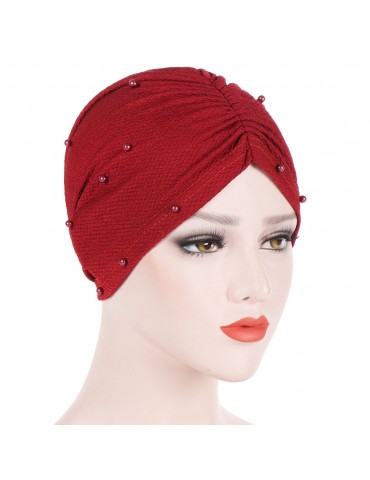 Womens Breathable Comfortable Pearl Hat Casual Elastic Beanie Hats Muslim Pile Heap Cap