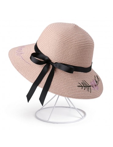 Women Bow Foldable Sunscreen Bucket Straw Hat Outdoor Casual Travel Beach Sea Hat