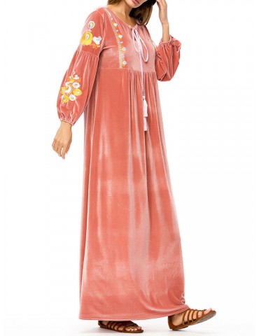 Velvet Embroidery Long Sleeve Pink Muslim Long Dress