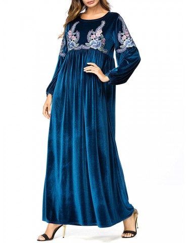 Islam Muslim Winter Velvet Print Long Sleeve Long Dress