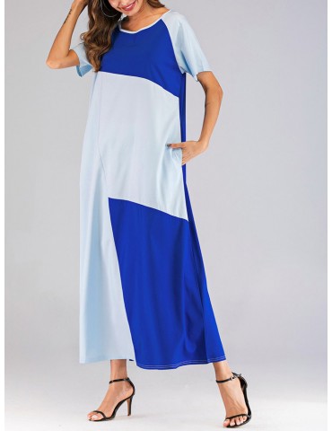 Patchwork Crew Neck Short Sleeve Maxi Dress