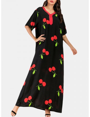 Vintage Print Cherry V-neck Overhead Maxi Dress