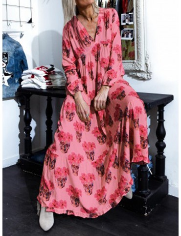 Long Sleeve Floral Print Loose Vintage Maxi Dress