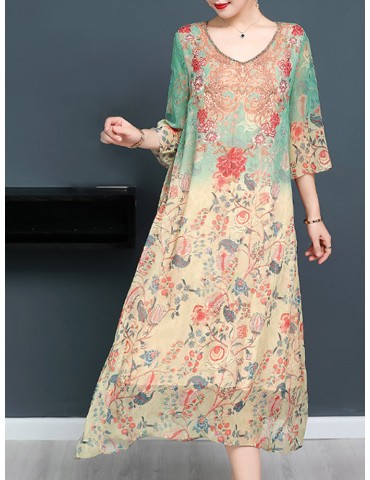 Layered 3/4 Sleeve Floral Print Vintage Mid-long Dresses