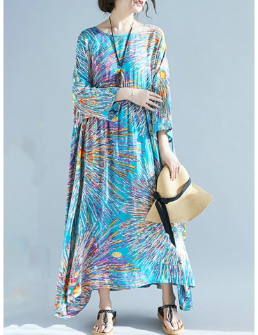 Firework Print Loose 3/4 Sleeve Maxi Dress For Women